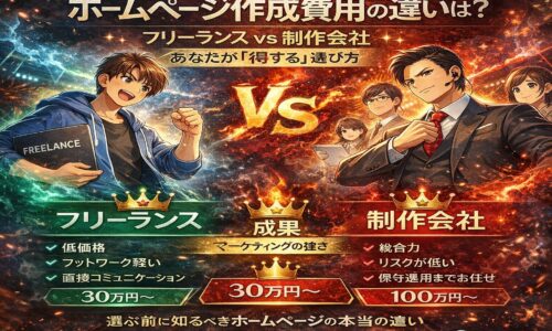 フリーランスと制作会社のホームページ作成費用を対決構図で比較し、価格差と選び方を視覚的に解説したイラスト