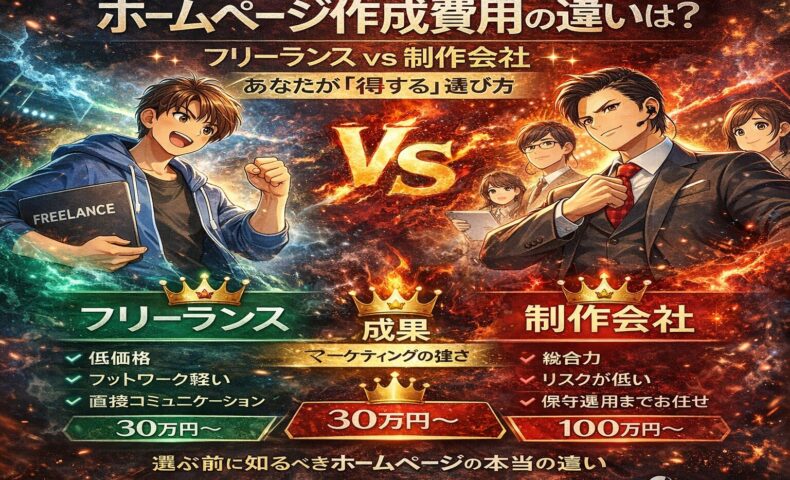フリーランスと制作会社のホームページ作成費用を対決構図で比較し、価格差と選び方を視覚的に解説したイラスト