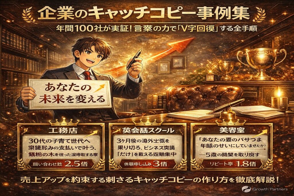 企業のキャッチコピー事例をもとに、言葉の力で売上回復やブランド価値向上を解説する権威性のあるビジュアル