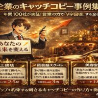 企業のキャッチコピー事例をもとに、言葉の力で売上回復やブランド価値向上を解説する権威性のあるビジュアル