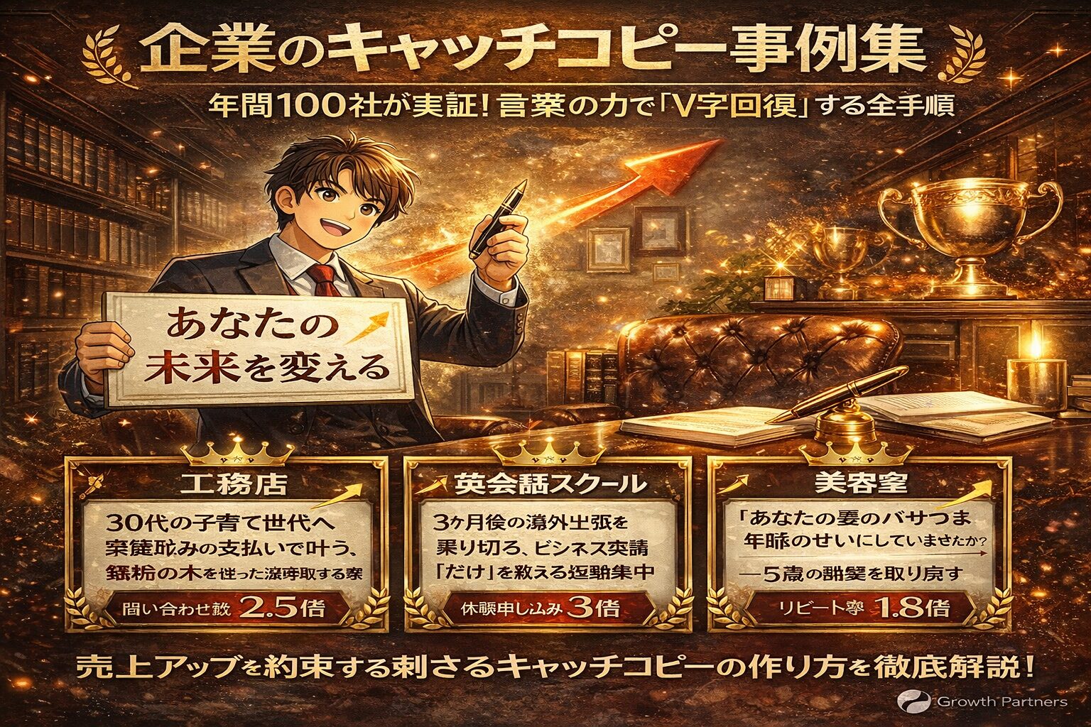 企業のキャッチコピー事例をもとに、言葉の力で売上回復やブランド価値向上を解説する権威性のあるビジュアル