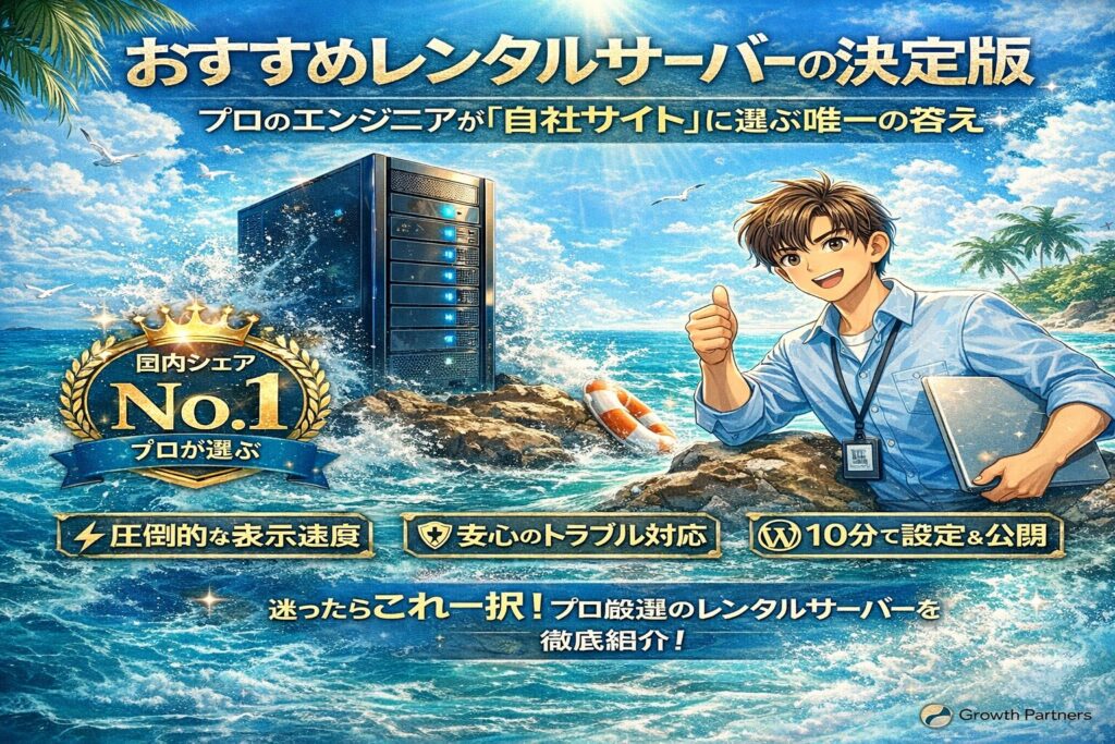 海を背景に、プロのエンジニアが自社サイトに選ぶおすすめレンタルサーバーの特徴と強みを視覚的に解説したイメージ