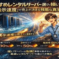 光の速さを表現した背景とデータセンター、IT担当者のイラストで、表示速度が売上に直結するおすすめレンタルサーバーの重要性を解説するビジュアル