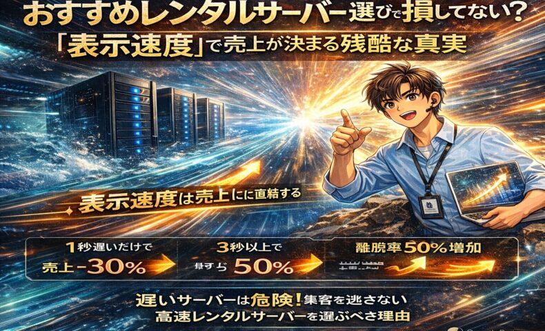 光の速さを表現した背景とデータセンター、IT担当者のイラストで、表示速度が売上に直結するおすすめレンタルサーバーの重要性を解説するビジュアル