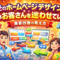 お客さんが迷ってしまうホームページデザインの問題点を示したイラスト。複雑な導線や分かりにくい構成により、集客につながらない状態を表現している。