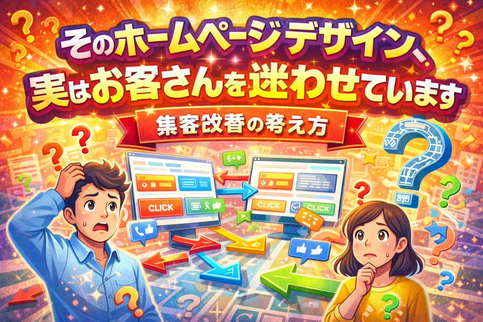 お客さんが迷ってしまうホームページデザインの問題点を示したイラスト。複雑な導線や分かりにくい構成により、集客につながらない状態を表現している。