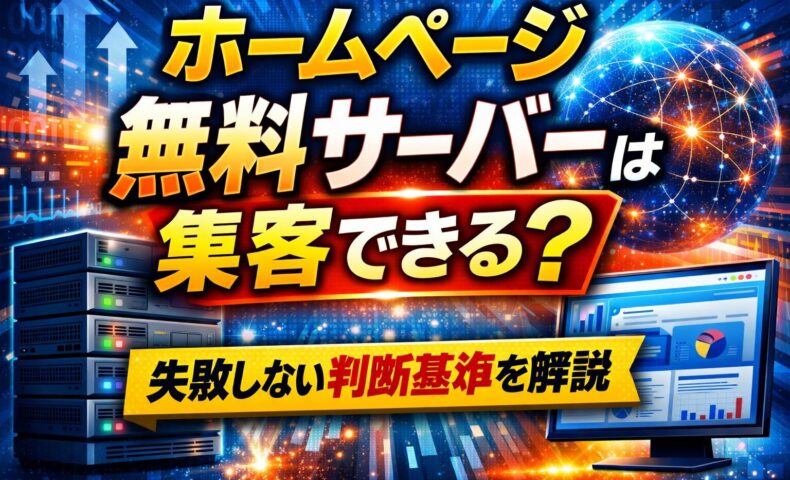 ホームページ無料サーバーで集客できるかを解説する記事のアイキャッチ画像。サーバー機器とデータ画面を背景に判断基準を示している