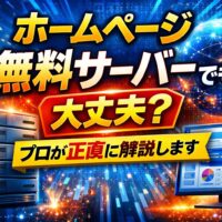 ホームページ無料サーバーでも集客できるかをプロ視点で解説する記事のアイキャッチ画像。サーバー機器とデータ画面を背景に判断基準を示している