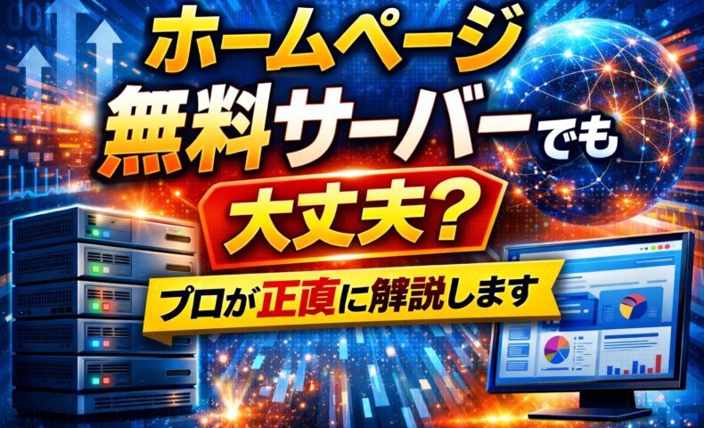 ホームページ無料サーバーでも集客できるかをプロ視点で解説する記事のアイキャッチ画像。サーバー機器とデータ画面を背景に判断基準を示している