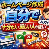 ホームページ作成を自分で進めて成果が出る人と、途中で行き詰まる人の違いを、作業に自信を持つ人物と悩む人物の対比で表現している