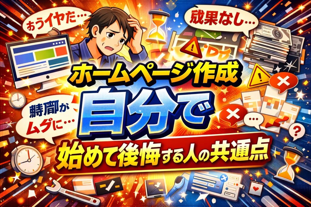 ホームページ作成を自分で進めて順調に判断できている人と、迷いや不安を抱え立ち止まる人の違いを、対比構図で分かりやすく示している