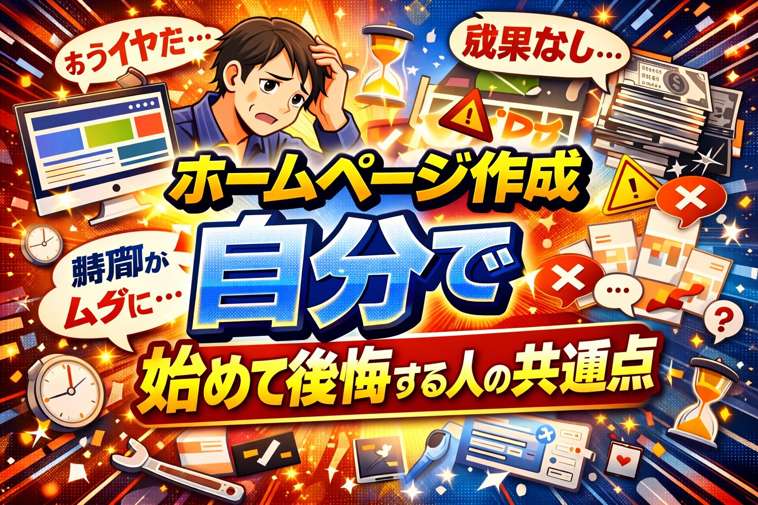 ホームページ作成を自分で進めて順調に判断できている人と、迷いや不安を抱え立ち止まる人の違いを、対比構図で分かりやすく示している