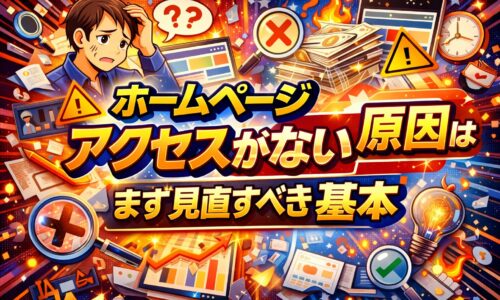 ホームページの前で悩む人物とアクセス数が伸びないグラフを対比し、ホームページ アクセスがない原因と判断の分かれ目を示している