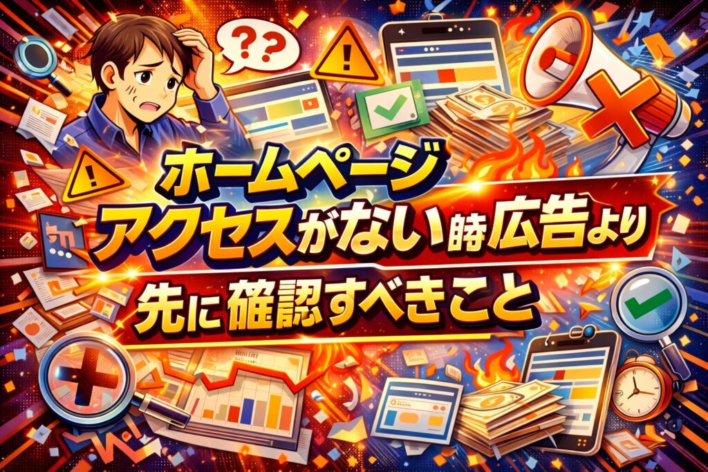 アクセスが伸びず悩む事業主と警告マーク、広告や書類が散乱する構図で、ホームページ アクセスがない状態で広告前に確認すべき視点を示している