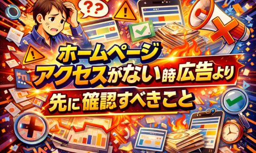 アクセスが伸びず悩む事業主と警告マーク、広告や書類が散乱する構図で、ホームページ アクセスがない状態で広告前に確認すべき視点を示している