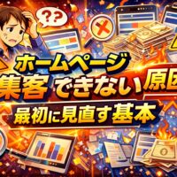 アクセスが伸びず悩む事業主と、下落するグラフや無駄な広告費を象徴する要素を配置し、ホームページ アクセスがない原因を視覚的に示している構成