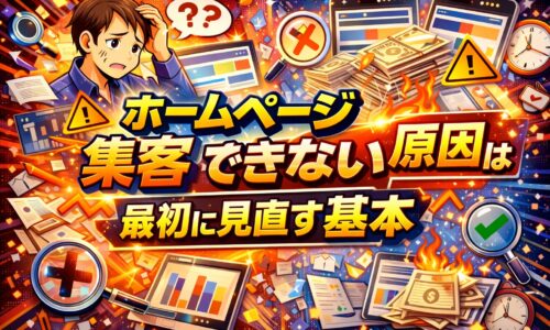 アクセスが伸びず悩む事業主と、下落するグラフや無駄な広告費を象徴する要素を配置し、ホームページ アクセスがない原因を視覚的に示している構成