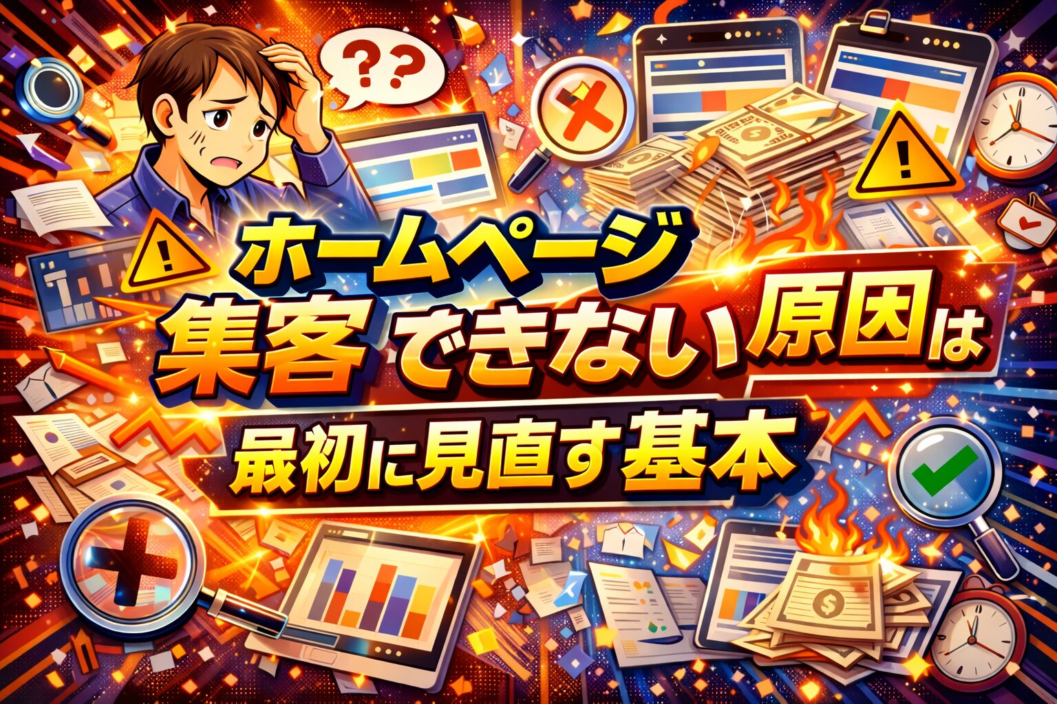 アクセスが伸びず悩む事業主と、下落するグラフや無駄な広告費を象徴する要素を配置し、ホームページ アクセスがない原因を視覚的に示している構成