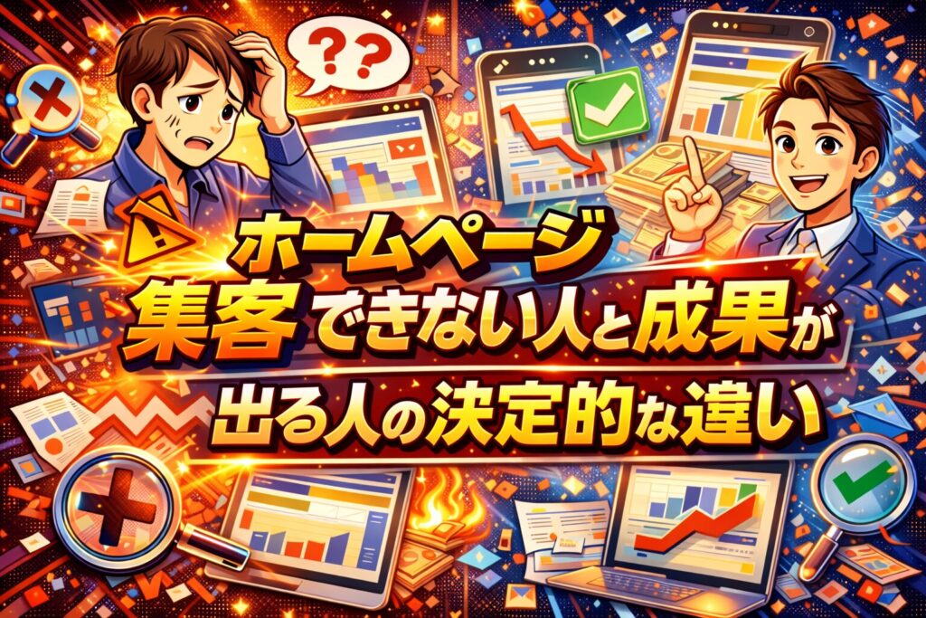 アクセスが伸びず悩む人物と、改善点を示して成果を出す人物を対比し、ホームページ アクセスがない状態から見直すべきポイントを視覚的に表した構図
