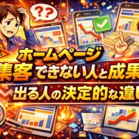 アクセスが伸びず悩む人物と、改善点を示して成果を出す人物を対比し、ホームページ アクセスがない状態から見直すべきポイントを視覚的に表した構図