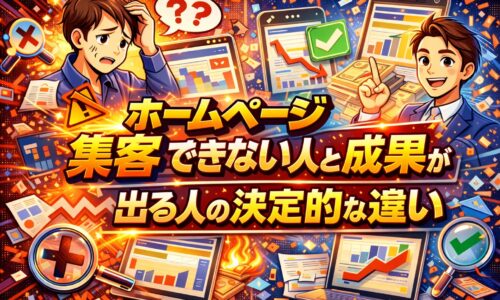 アクセスが伸びず悩む人物と、改善点を示して成果を出す人物を対比し、ホームページ アクセスがない状態から見直すべきポイントを視覚的に表した構図