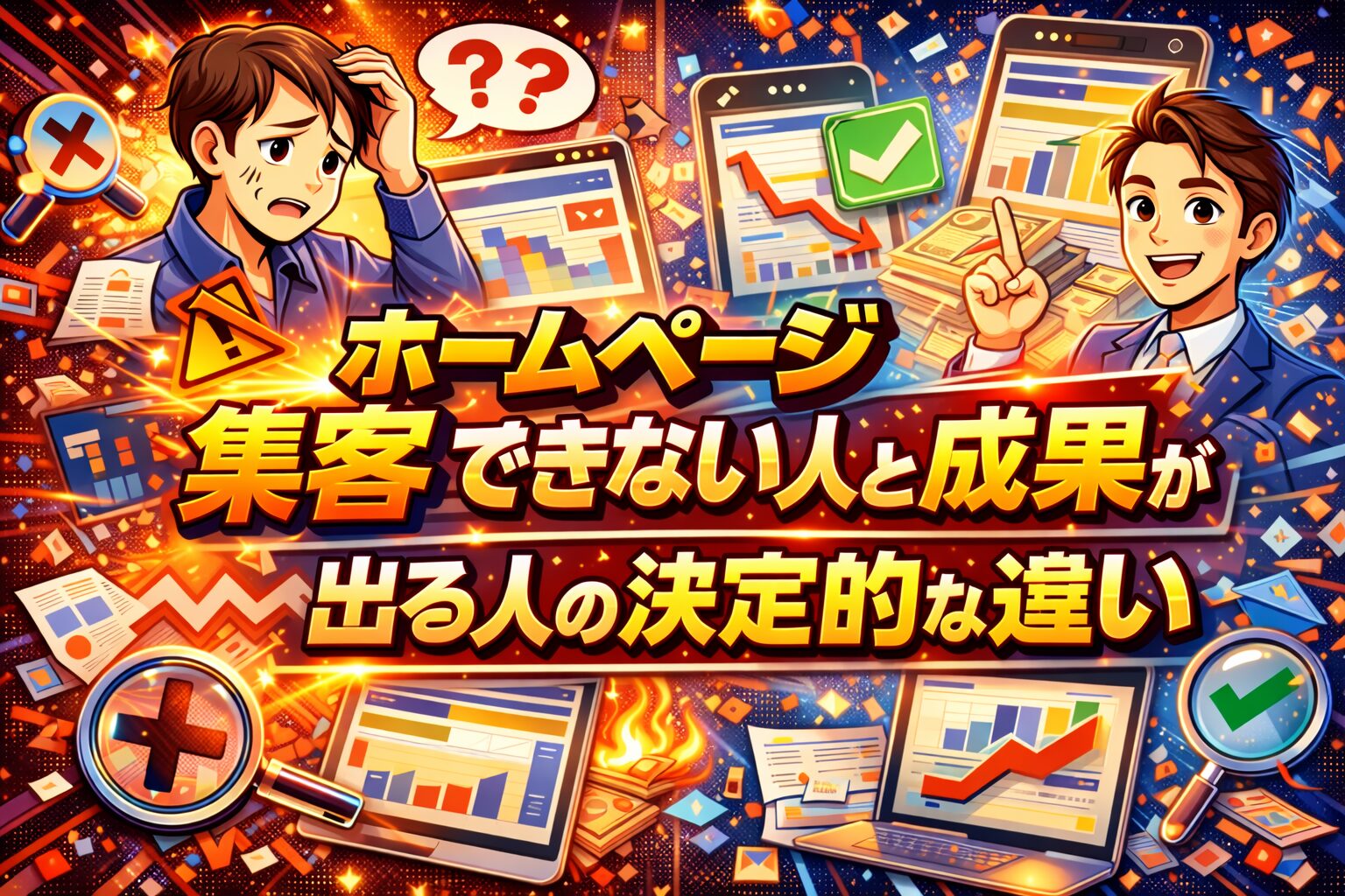 アクセスが伸びず悩む人物と、改善点を示して成果を出す人物を対比し、ホームページ アクセスがない状態から見直すべきポイントを視覚的に表した構図
