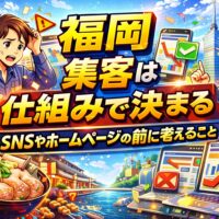 福岡の街並みを背景に、ホームページ アクセスがない状態に悩む人物と、仕組み改善で成果が出る様子を対比し、集客の違いを示している