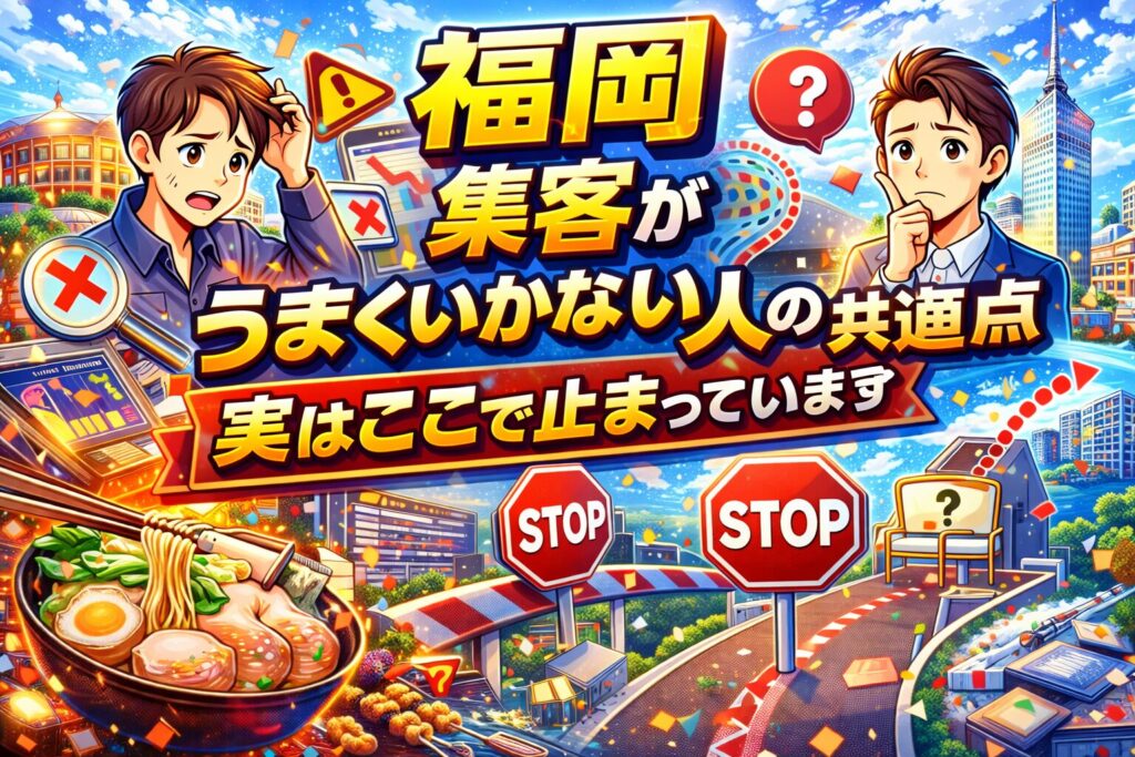 福岡の街並みを背景に、アクセスが伸びず悩む事業主と改善ポイントを示す文字で、ホームページ アクセスがない原因を視覚的に伝えている構成