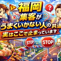 福岡の街並みを背景に、アクセスが伸びず悩む事業主と改善ポイントを示す文字で、ホームページ アクセスがない原因を視覚的に伝えている構成