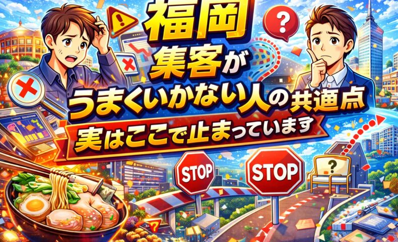福岡の街並みを背景に、アクセスが伸びず悩む事業主と改善ポイントを示す文字で、ホームページ アクセスがない原因を視覚的に伝えている構成