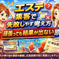 集客に悩む女性経営者がデータ画面や下向き矢印を前に考え込む様子を通じて、ホームページ アクセスがない原因を見直す重要性を示している