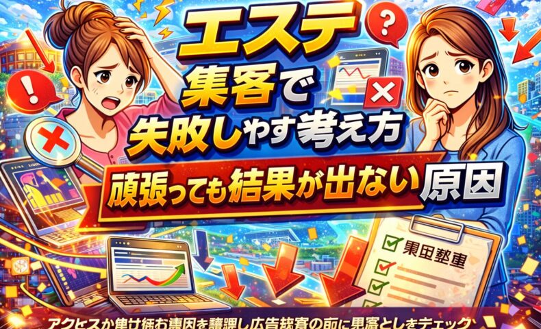 集客に悩む女性経営者がデータ画面や下向き矢印を前に考え込む様子を通じて、ホームページ アクセスがない原因を見直す重要性を示している