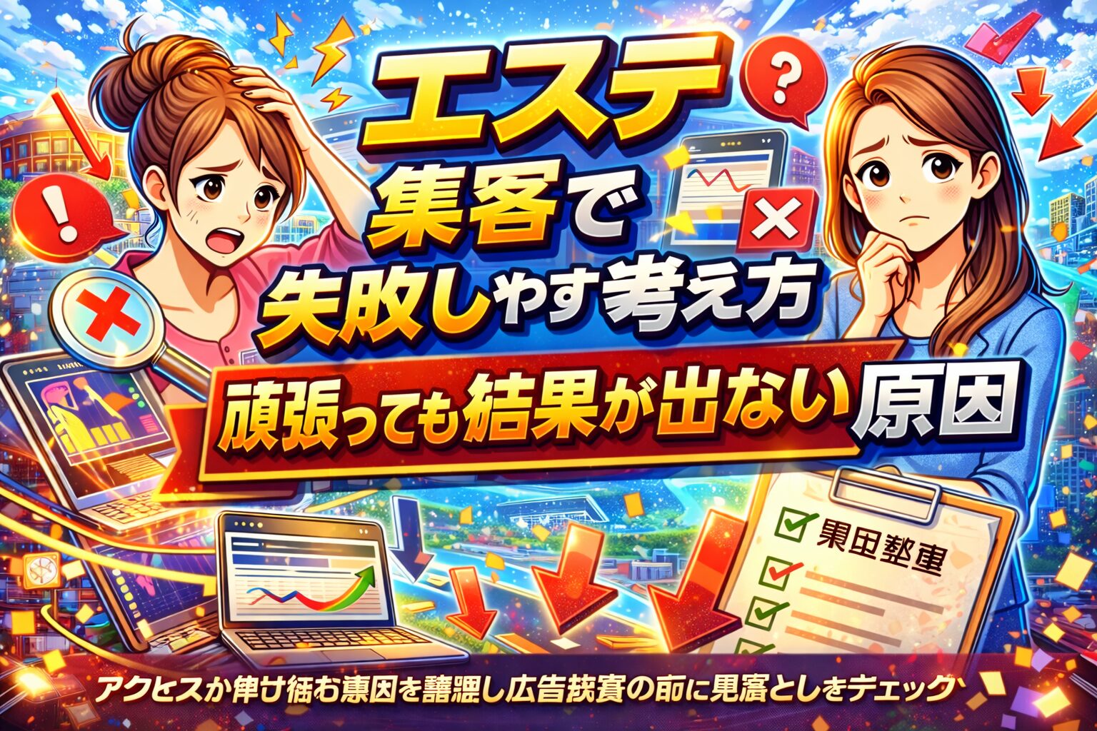 集客に悩む女性経営者がデータ画面や下向き矢印を前に考え込む様子を通じて、ホームページ アクセスがない原因を見直す重要性を示している