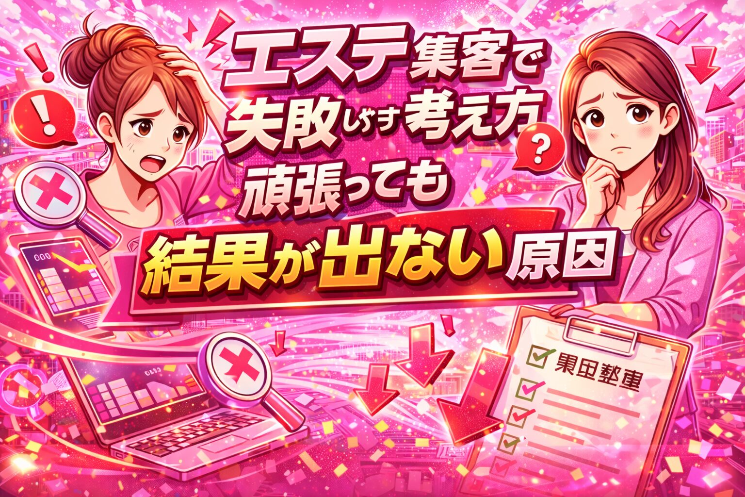 ホームページのアクセスがない状況に悩む女性が、下向きのグラフや×印を前に立ち止まり、原因を見直そうとしている様子