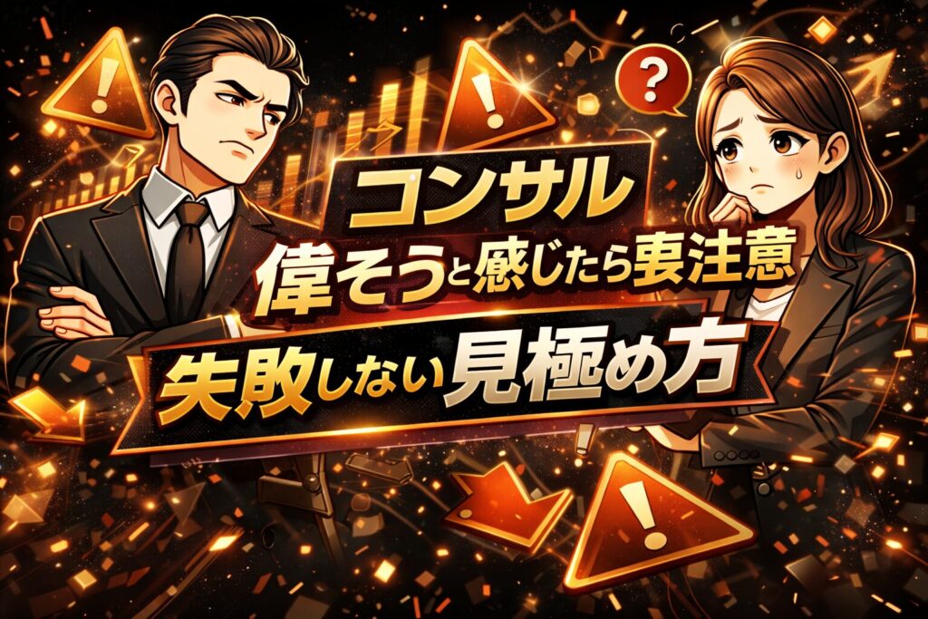 黒を基調とした背景で、腕を組み上から目線の表情をした人物が描かれ、コンサル 偉そうと感じた際の違和感や警戒心を象徴している構図