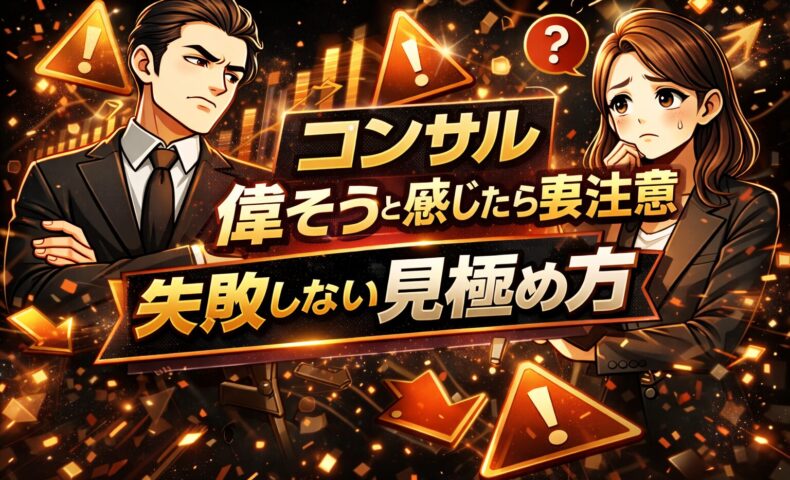 黒を基調とした背景で、腕を組み上から目線の表情をした人物が描かれ、コンサル 偉そうと感じた際の違和感や警戒心を象徴している構図