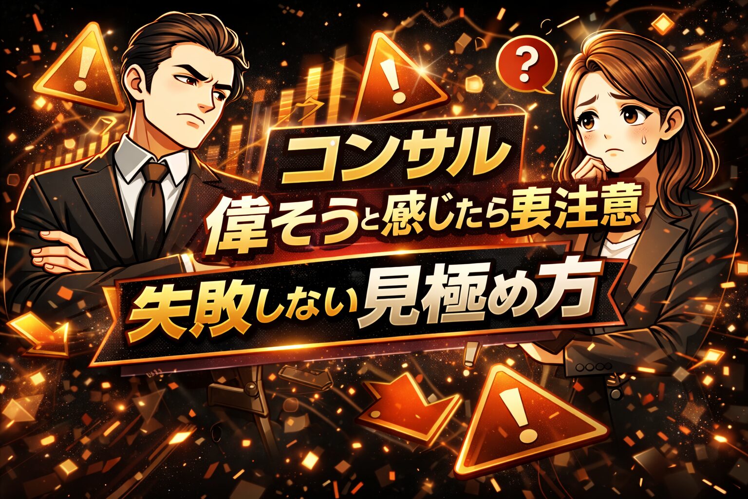 黒を基調とした背景で、腕を組み上から目線の表情をした人物が描かれ、コンサル 偉そうと感じた際の違和感や警戒心を象徴している構図