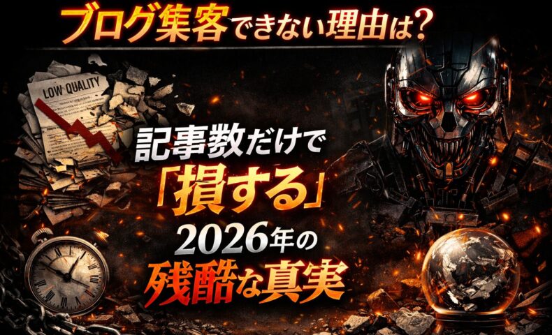 ブログ集客がうまくいかない原因を表現した黒背景のアイキャッチ。崩れた記事の山とAIロボットが量産型SEOの失敗と2026年の危機感を象徴するビジュアル