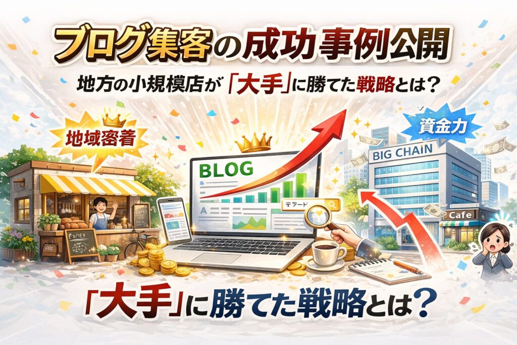 ブログ集客で地方の小規模店が大手に勝つ成功戦略を表現した白背景のアイキャッチ。上昇グラフと店舗アイコンで売上アップと集客改善を示すビジュアル
