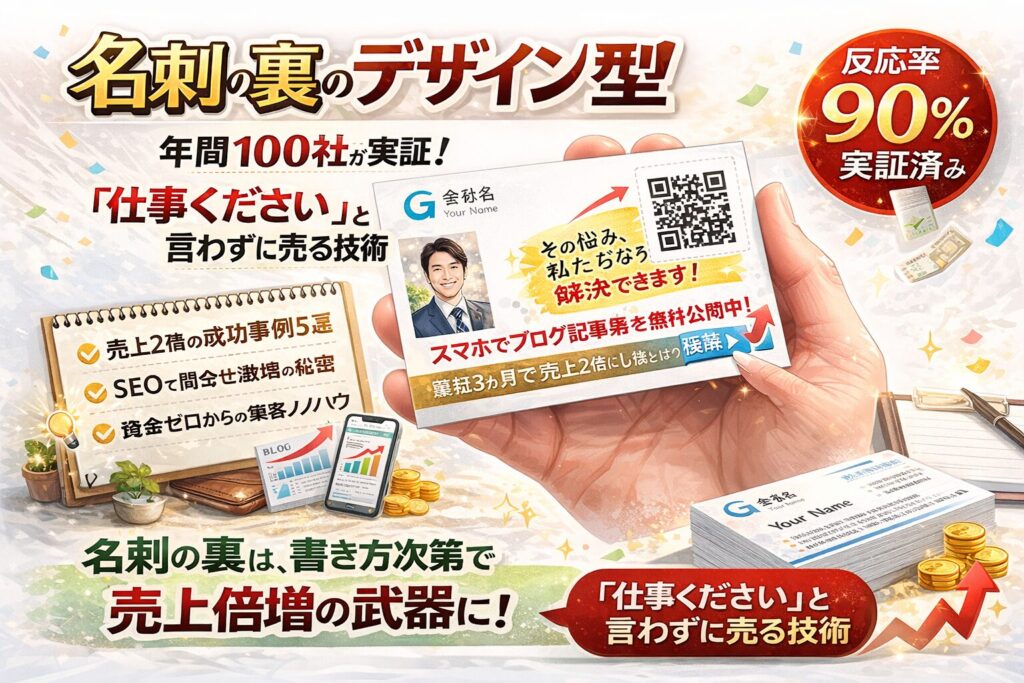 名刺の裏に〇〇と書くことで反応率が上がる営業手法を解説した白背景アイキャッチ。QRコード付き名刺デザインと売上アップを示すグラフや成功事例を配置