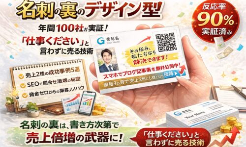 名刺の裏に〇〇と書くことで反応率が上がる営業手法を解説した白背景アイキャッチ。QRコード付き名刺デザインと売上アップを示すグラフや成功事例を配置