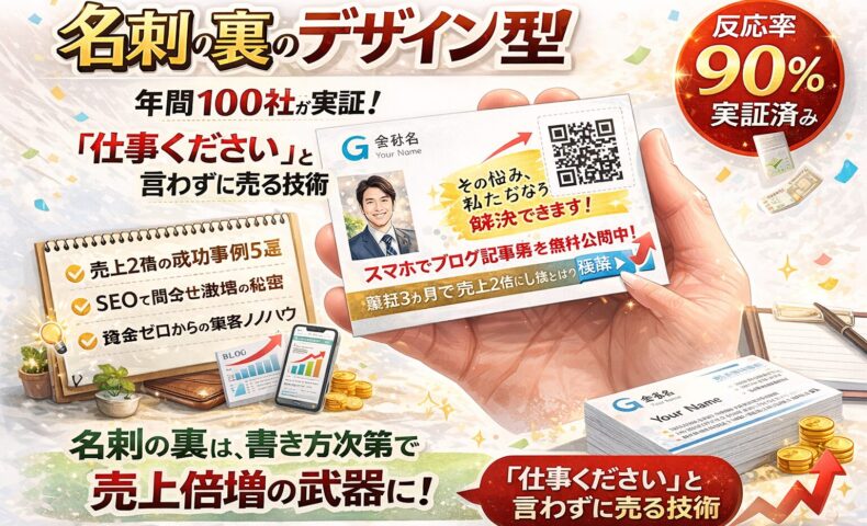 名刺の裏に〇〇と書くことで反応率が上がる営業手法を解説した白背景アイキャッチ。QRコード付き名刺デザインと売上アップを示すグラフや成功事例を配置