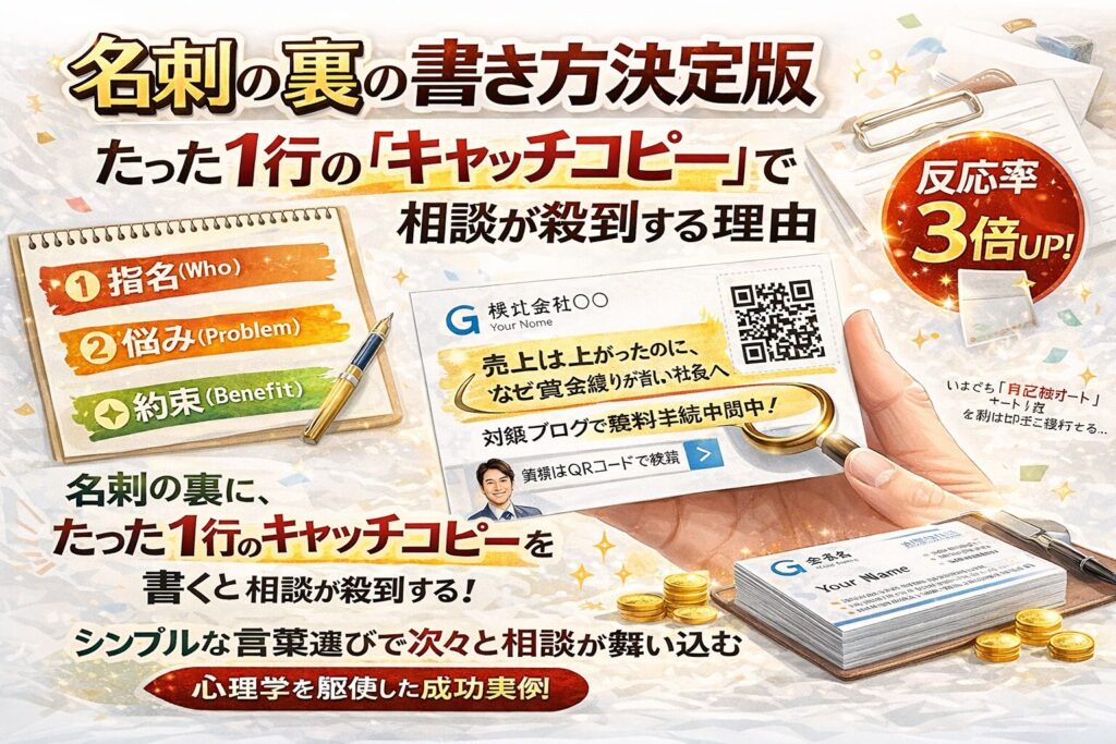 名刺の裏に〇〇と書くことで相談が増える営業手法を解説した白背景アイキャッチ。キャッチコピー入り名刺とQRコード、反応率3倍アップの図解を配置したデザイン
