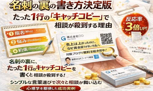 名刺の裏に〇〇と書くことで相談が増える営業手法を解説した白背景アイキャッチ。キャッチコピー入り名刺とQRコード、反応率3倍アップの図解を配置したデザイン