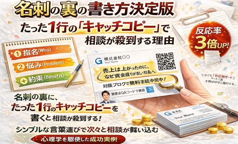 名刺の裏に〇〇と書くことで相談が増える営業手法を解説した白背景アイキャッチ。キャッチコピー入り名刺とQRコード、反応率3倍アップの図解を配置したデザイン