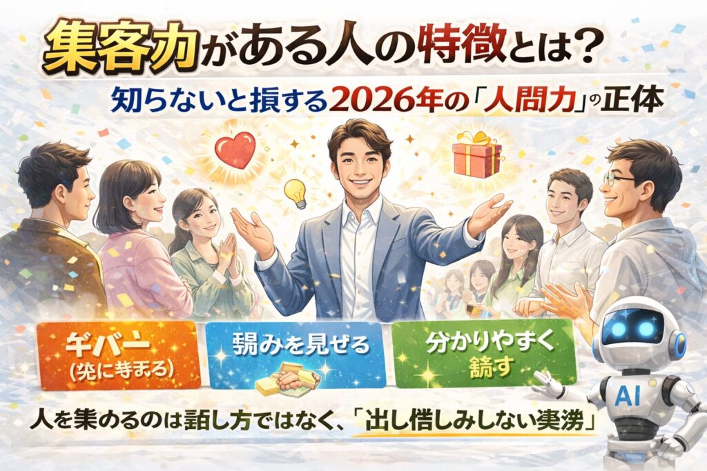 集客力がある人の特徴を解説する白背景アイキャッチ。人に囲まれて笑顔で手を広げるリーダーと、ギバー・弱みの開示・分かりやすく話すなどの要素を図解したビジュアル