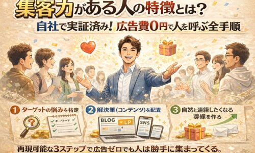 集客力がある人の仕組みを解説したベージュ背景のアイキャッチ。人に囲まれるリーダーとターゲット設定・ブログ運用・導線設計の3ステップ図解で広告費0円集客を表現
