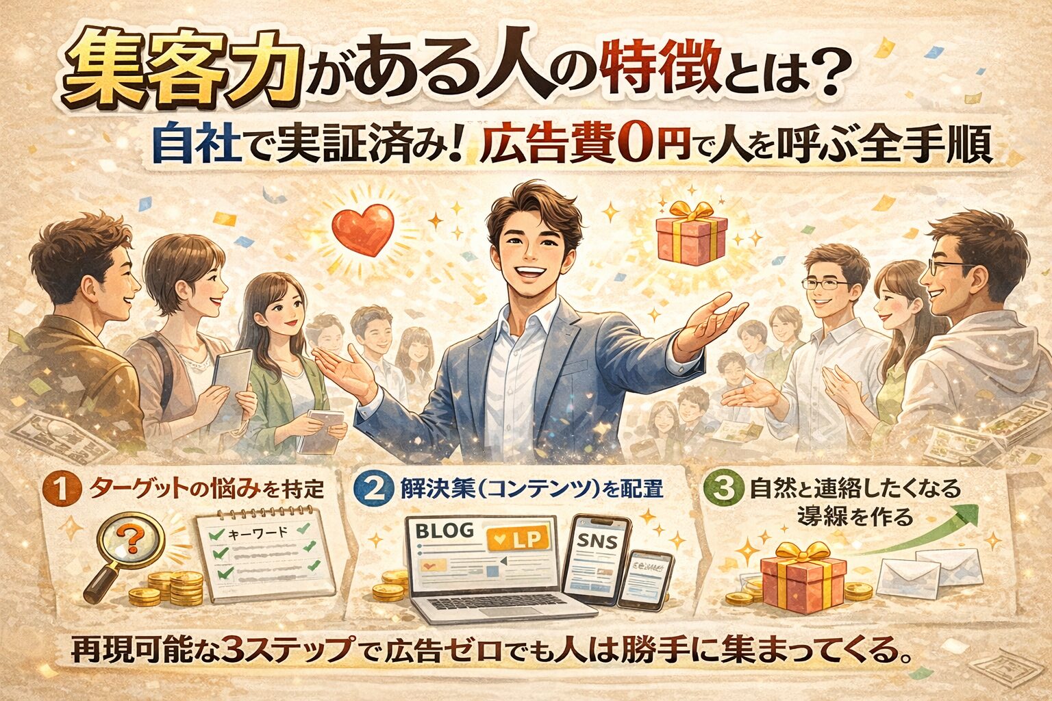 集客力がある人の仕組みを解説したベージュ背景のアイキャッチ。人に囲まれるリーダーとターゲット設定・ブログ運用・導線設計の3ステップ図解で広告費0円集客を表現
