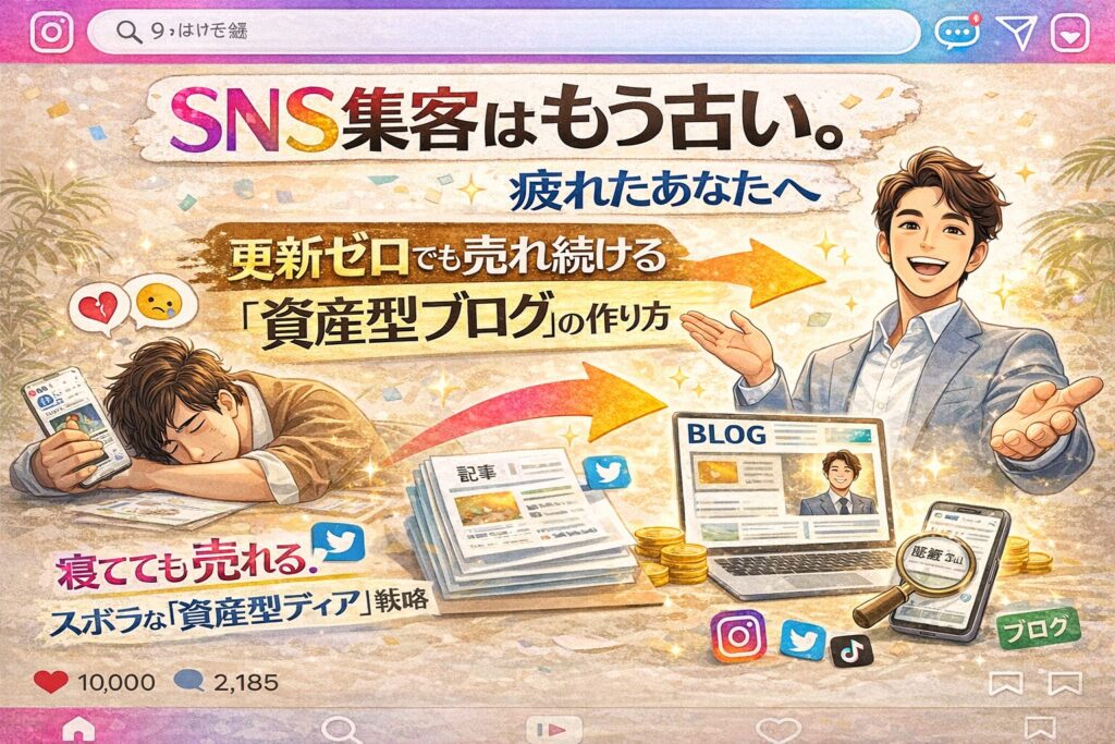 sns集客はもう古いと訴求するInstagram風デザインのアイキャッチ。SNSに疲れた男性と、ブログで自動集客を実現する人物を対比し資産型ブログの仕組みを表現