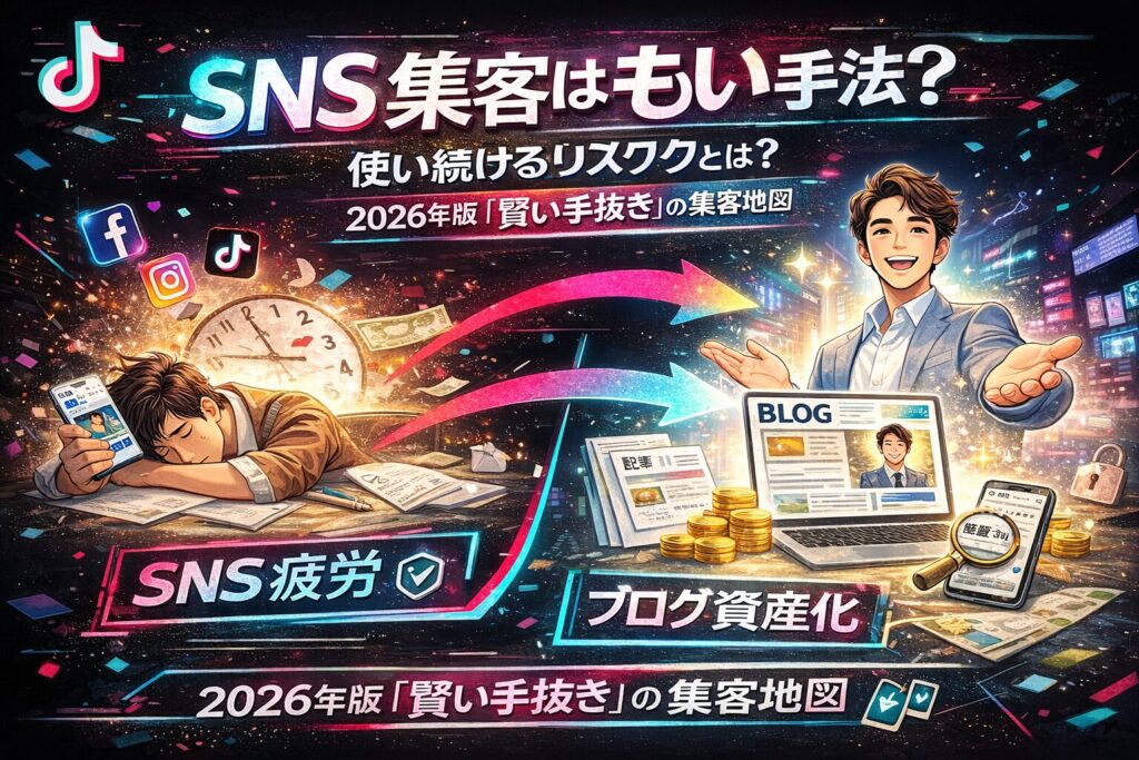 sns集客はもう古いと訴求するTikTok風デザインのアイキャッチ。SNS疲労で消耗する男性とブログ資産化で自動集客を実現するビジネスマンを対比した集客戦略ビジュアル